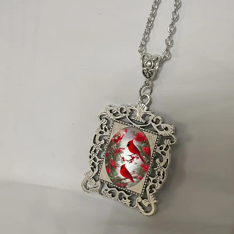 Northern Cardinal Gothic Boarder Jewelry Vintage Silvery Bird Pendant Necklace