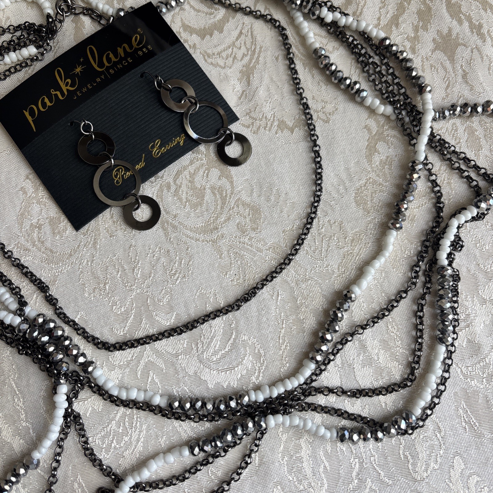 Park Lane Chic Earrings Hematite Tone Interlocking Circles & Unsigned Necklace