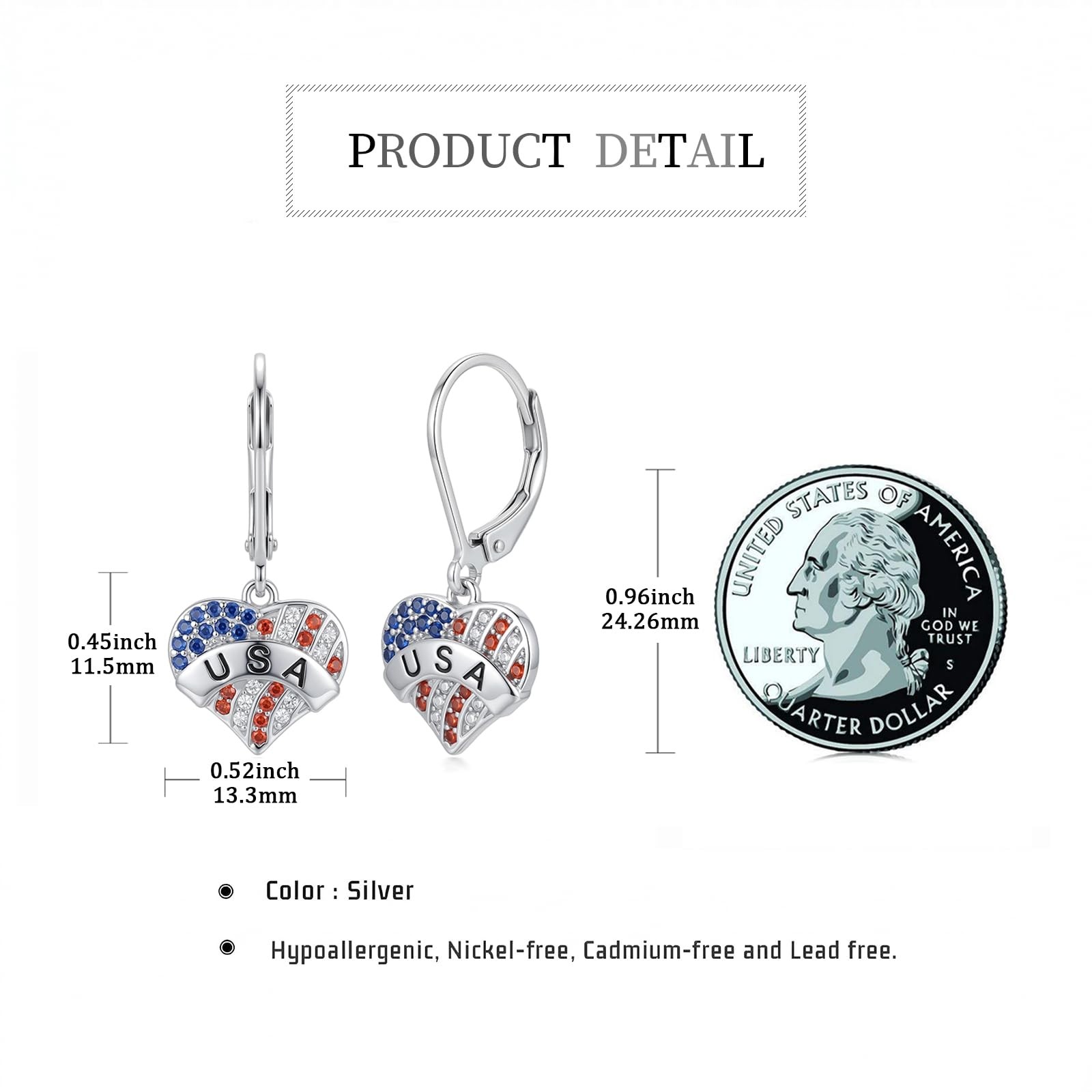 USA American Flag Dangle Drop Earrings for Women Patriotic USA Heart Red Whit…