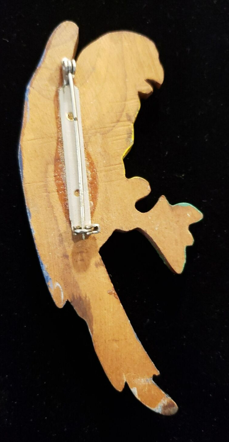 Vintage Unsigned Hand Painted Tropical Parrot Pin/Brooch on Wood Base