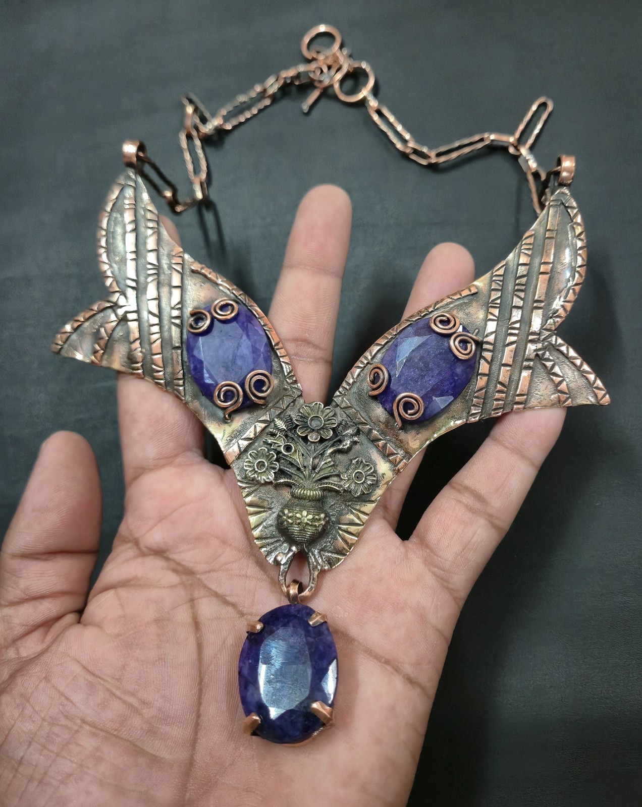 Blue Sapphire Necklace Gemstone Jewelry Solid Copper Wire Wrap Gift Necklace