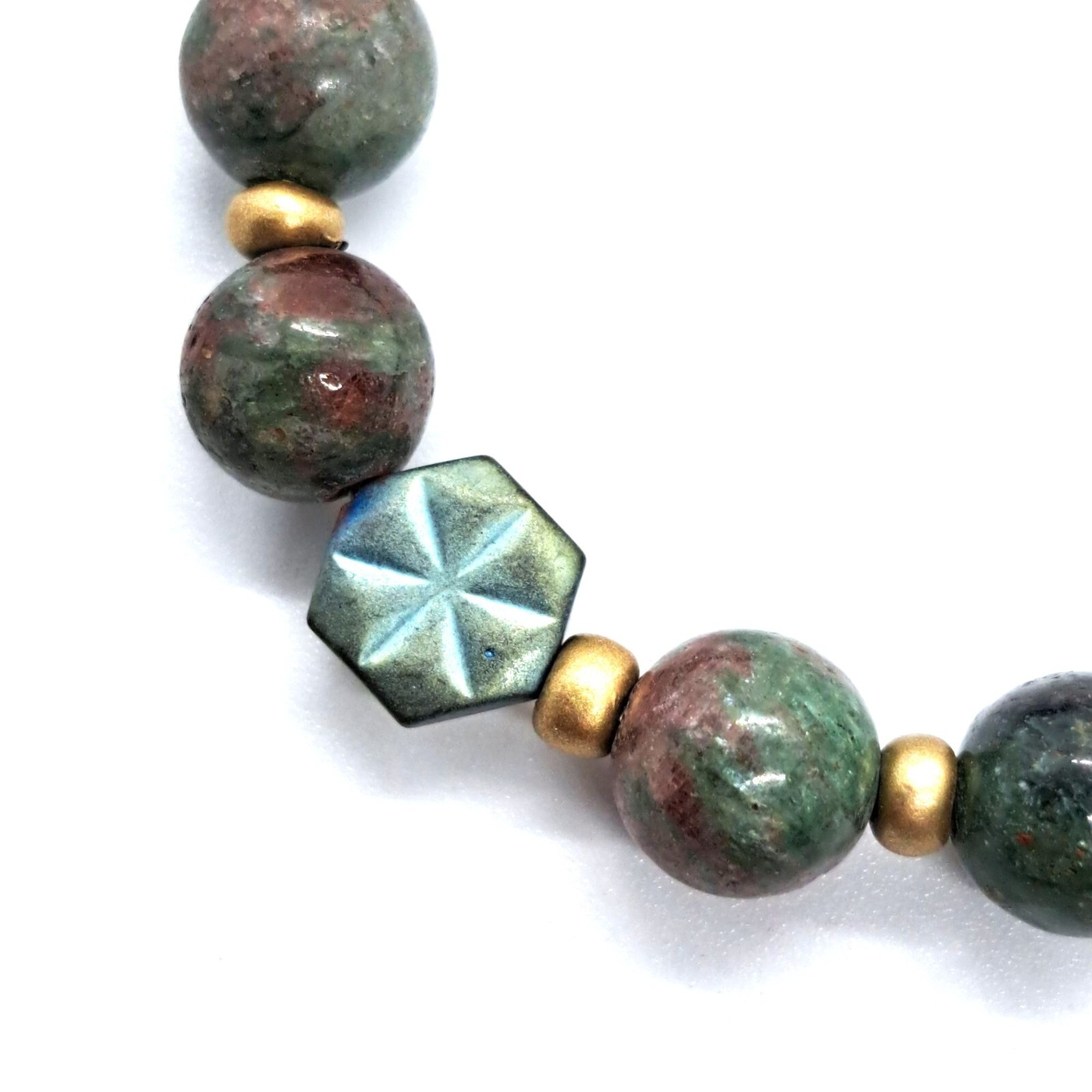 Handmade stretch bracelet NEW Czech glass, fancy jasper, gold tone spacers