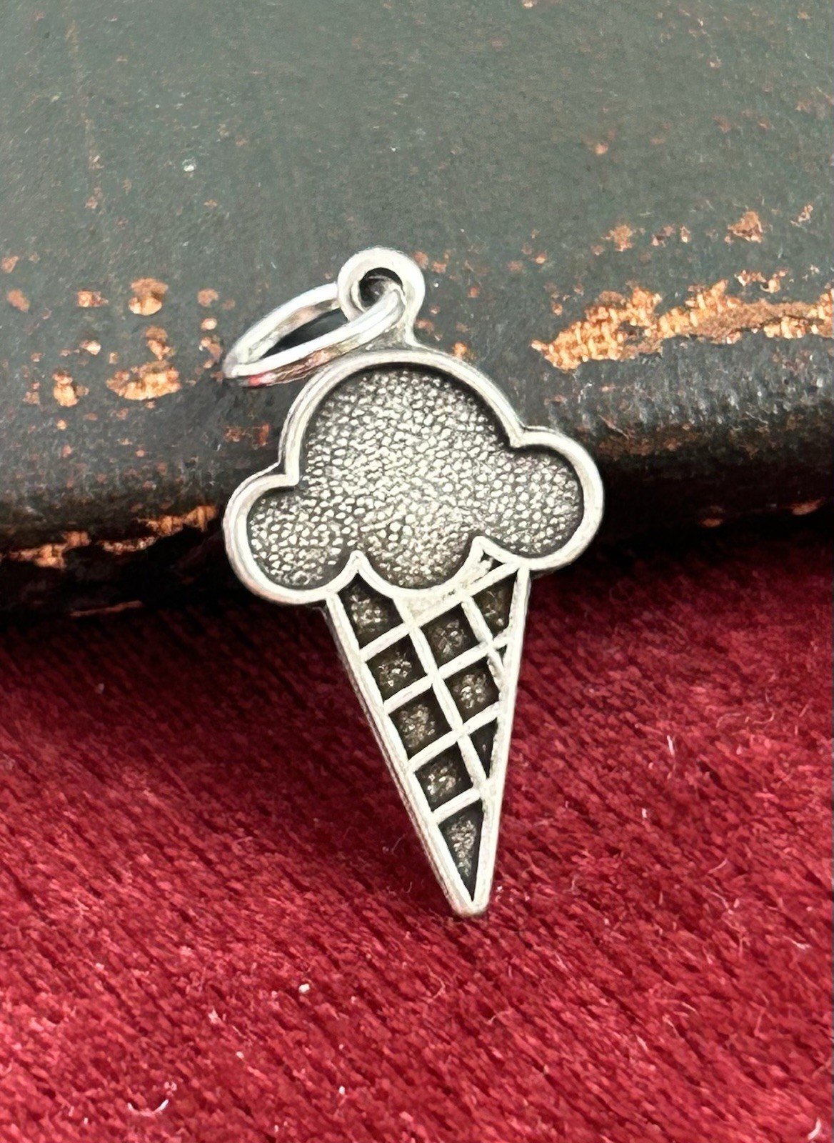 Ice Cream Cone Charm Dessert Pendant Novelty Antiqued Silver Plated Brass