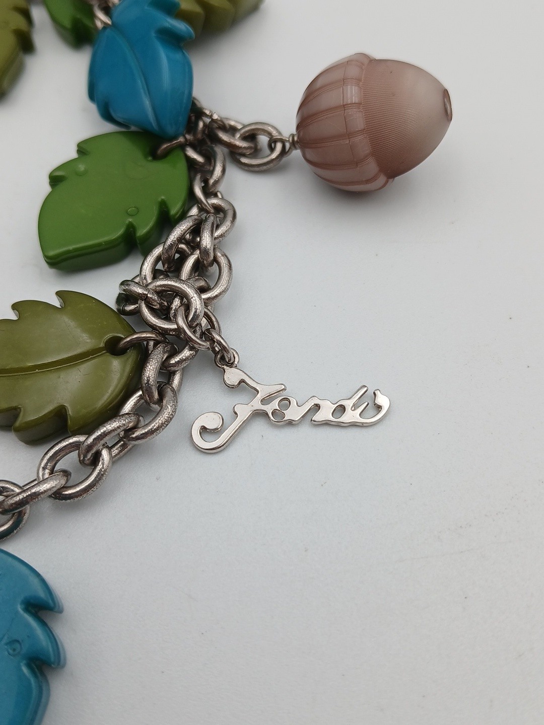 FENDI Dangle Charm Bracelet Acorns Leaves Chain Link Silver Tone READ