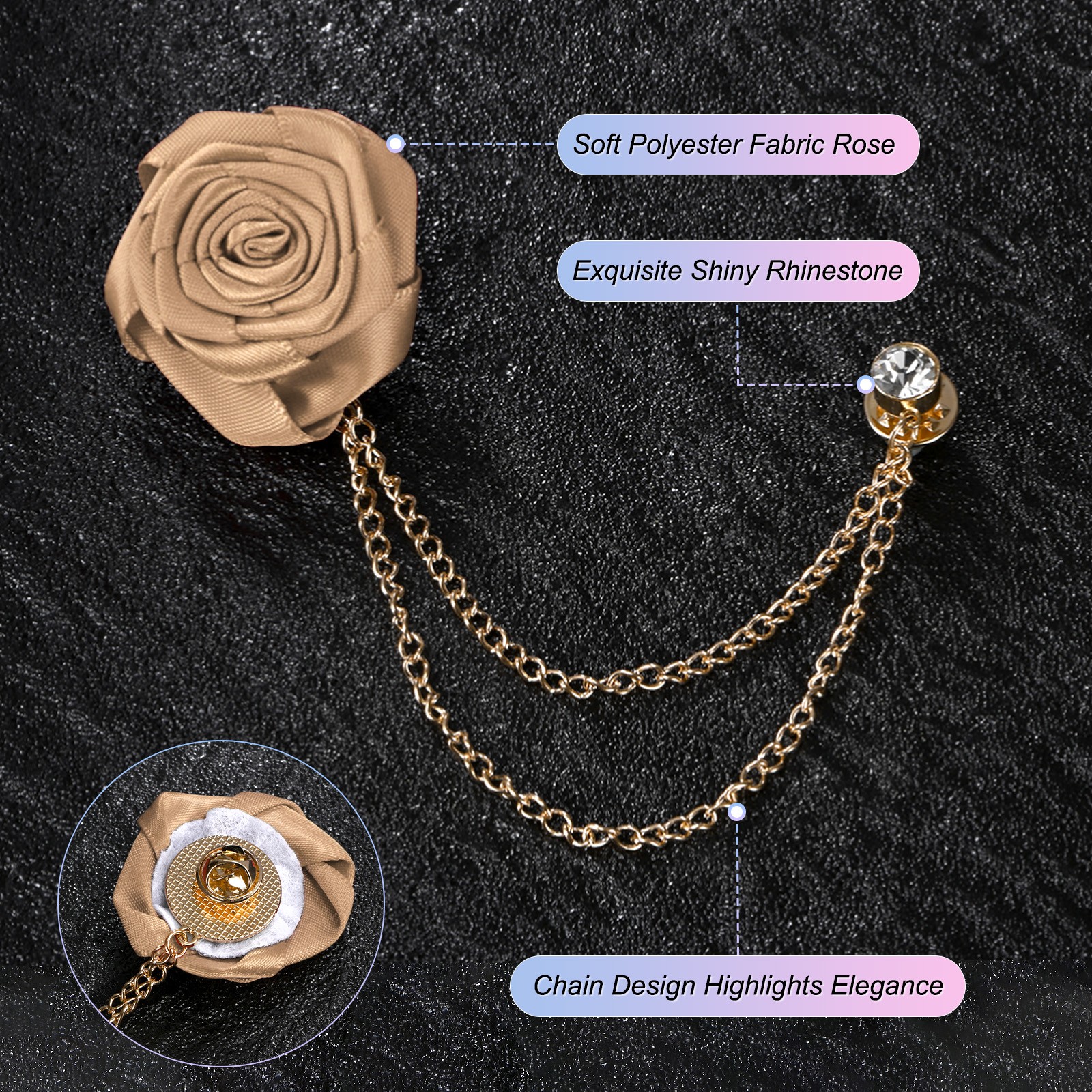 Rose Gold Brooch Pin for Men Suit with Flower Tassel Chain [Champagne]