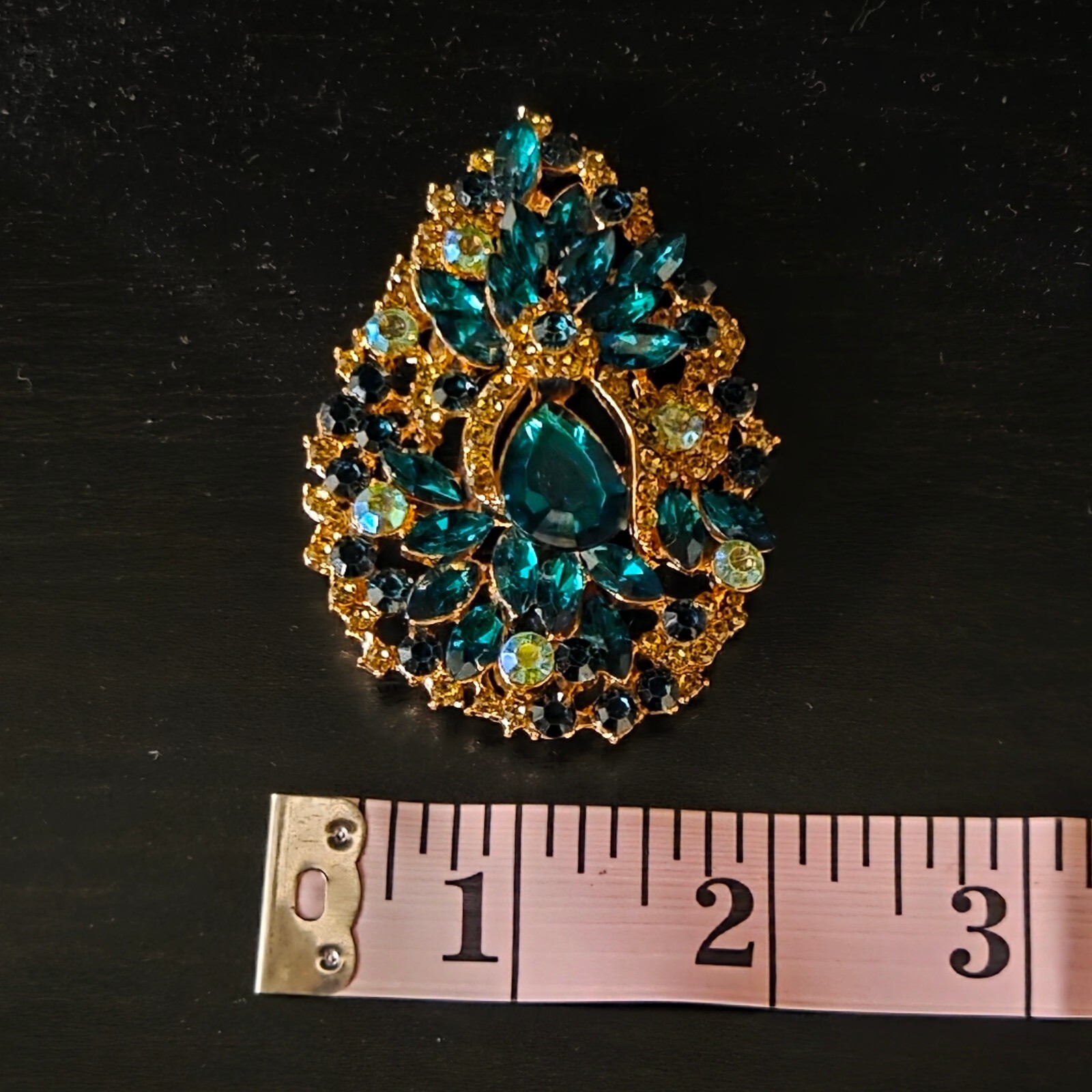 Green Rhinestone Gold Tone Floral Leaf Brooch Regal Fairy Glam
