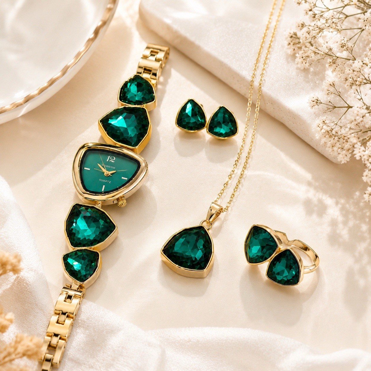 Women’s Green Crystal Jewelry Set Watch Necklace Earrings Ring Gold Tone