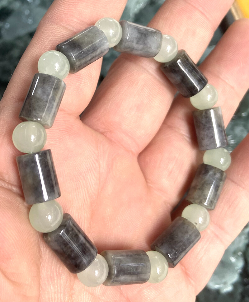 Certified Gray Natural Type A Jade Jadeite Carved Circle 路路通 Bead Bracelet 7.5“