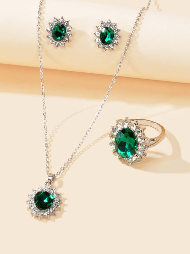 3 PCS Women Jewelry Set Blue Sunflower Synthetic Sapphire Necklace Earrings Gift