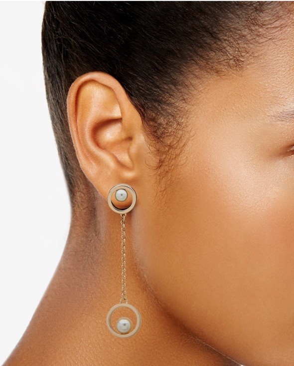Karl Lagerfeld Paris Gold Pearl Circle Chain Drop Earrings NWT