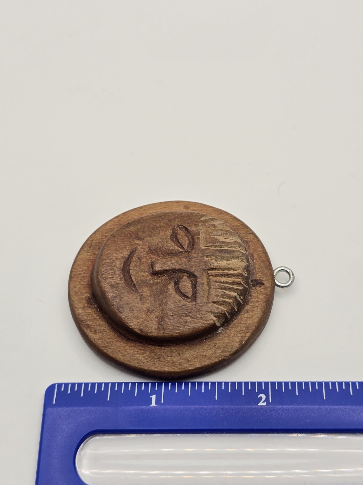 Vintage Handmade Folk Art Carved Wood Relief Wooden Moon Face Necklace Pendant