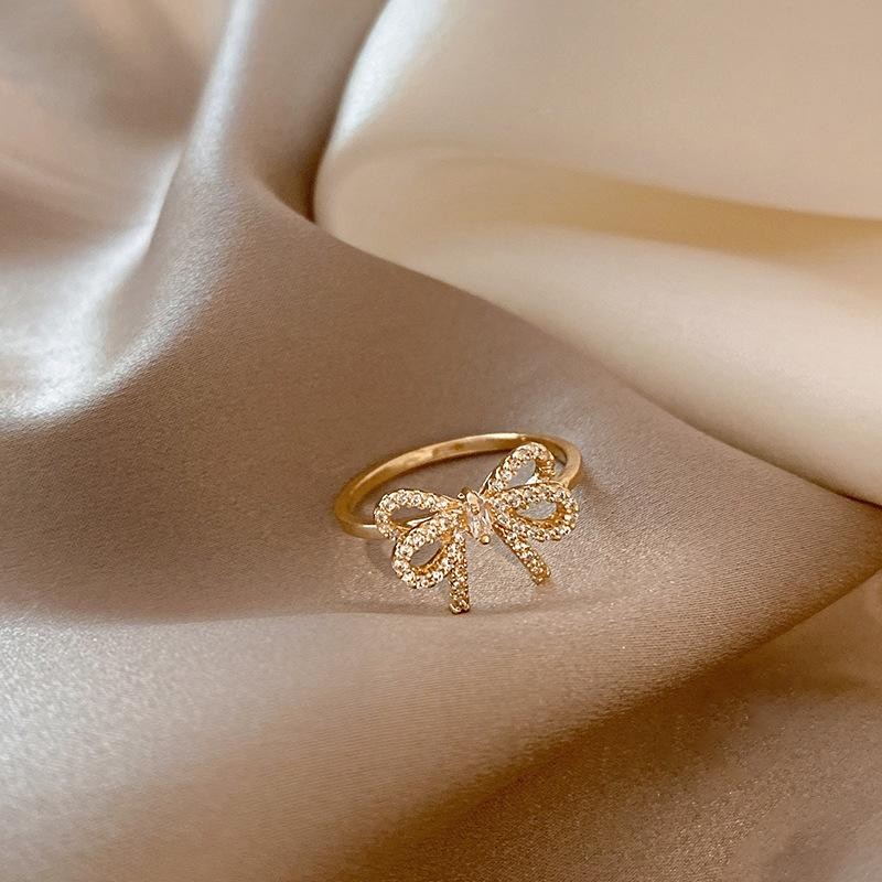 Minimalist Bow Knot Open Ring Crystal Zirconia Gold Silver Color for Women Gift