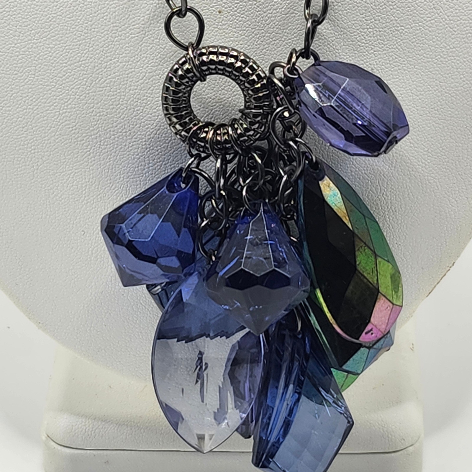 Gunmetal Chain Necklace with Blue and Iridescent Crystal Cluster Pendant