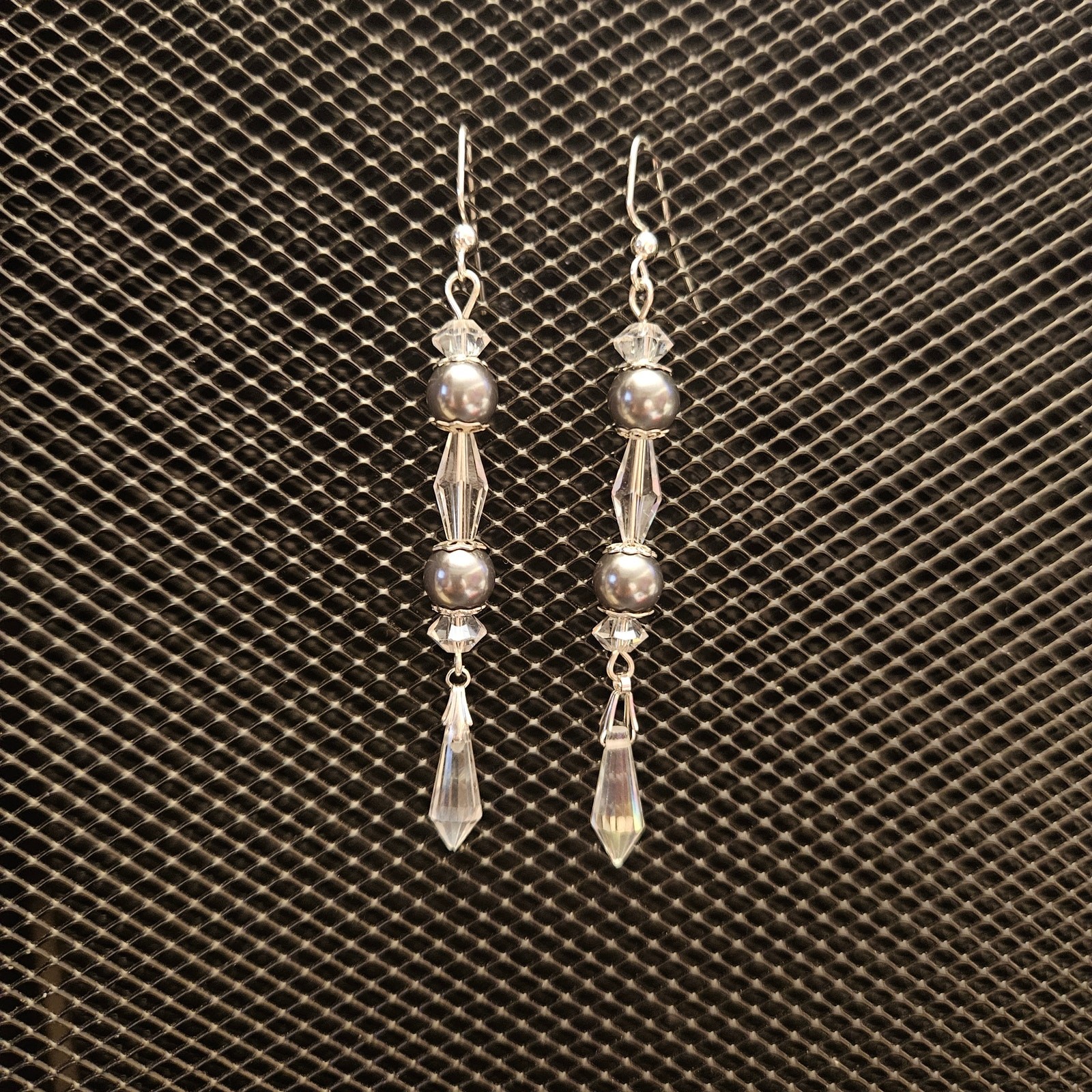 Gray faux pearl and clear faceted glass crystal dangle earrings