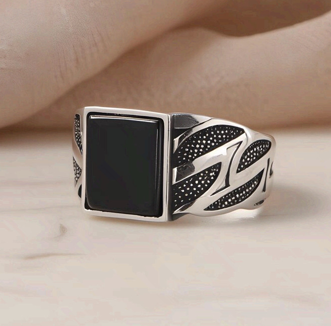 Surgical Steel Black Onyx Signet Ring Mens Vintage Textured Statement Band