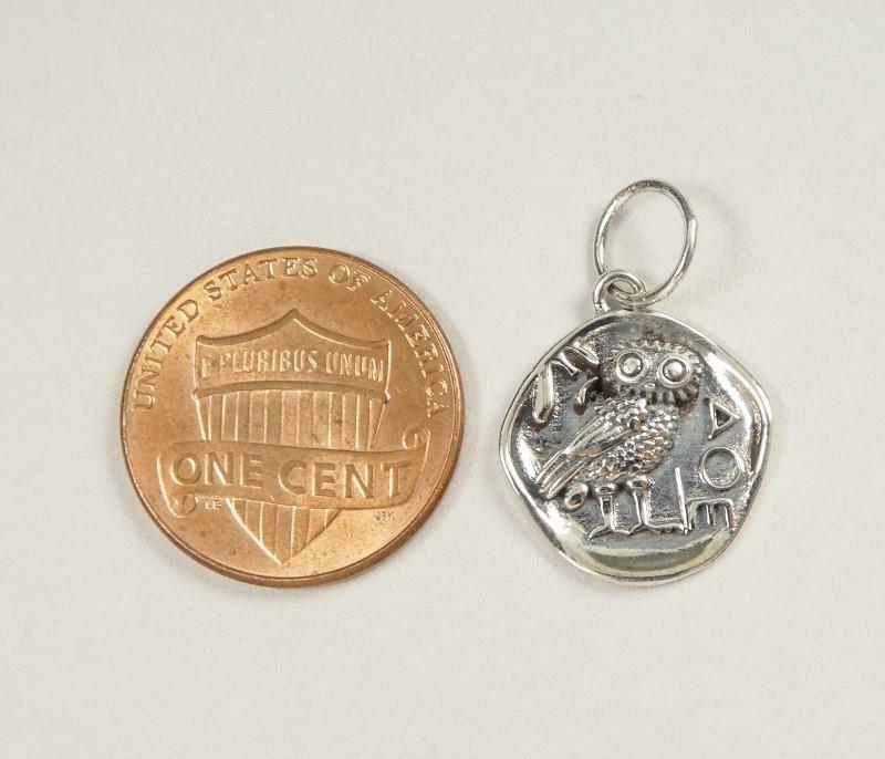 Sterling Silver Ancient Athena Owl Coin Organic Round Small Charm Pendant Unique