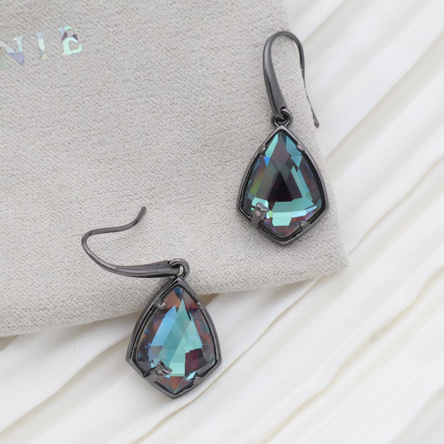 Alicia Bonnie Miley Light Gray Dichroic Glass Gunmetal Black Drop Earrings
