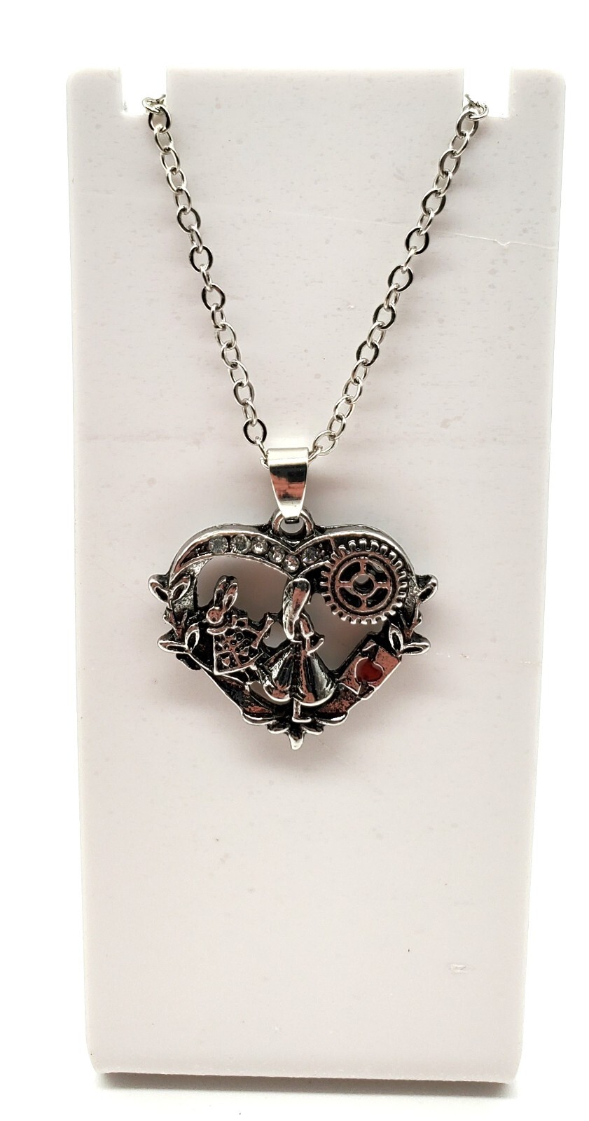 Fairytale Alice Heart Charm Pendent Necklace Silver Tone Rhinestone Gift New
