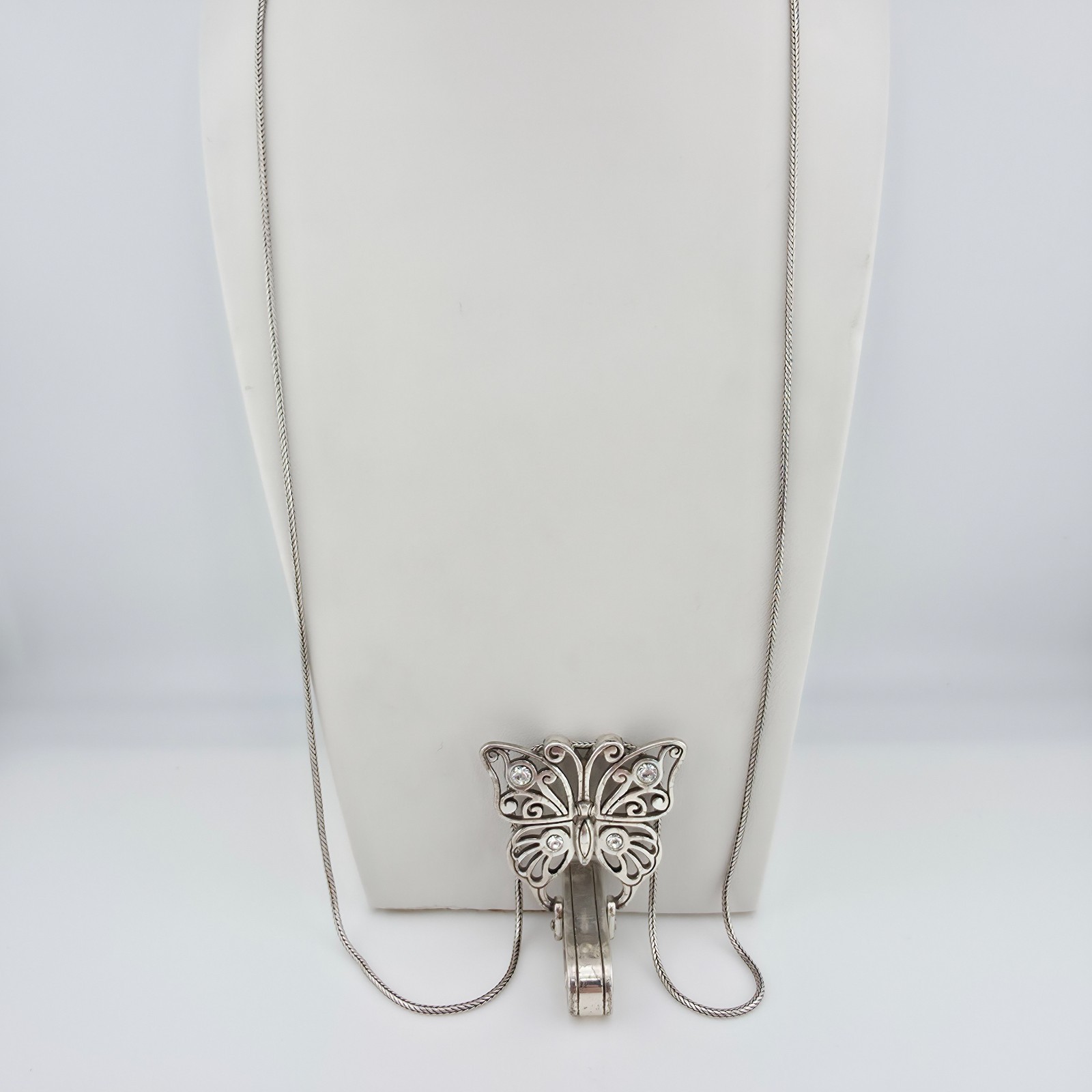 BRIGHTON Butterfly Badge ID Clip Lanyard Necklace Crystal Silver Plate 32″