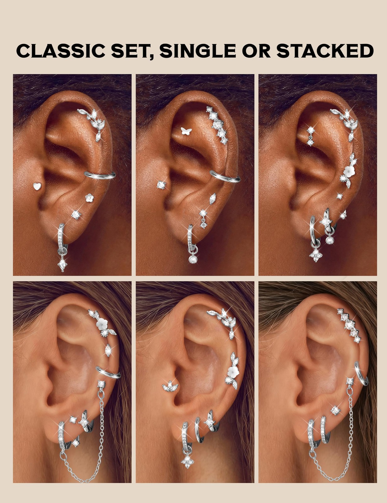 18 PCS Single Cartilage Varies (0.8mm, 6mm, 8mm, 10mm, 12mm, 5mm), Silver