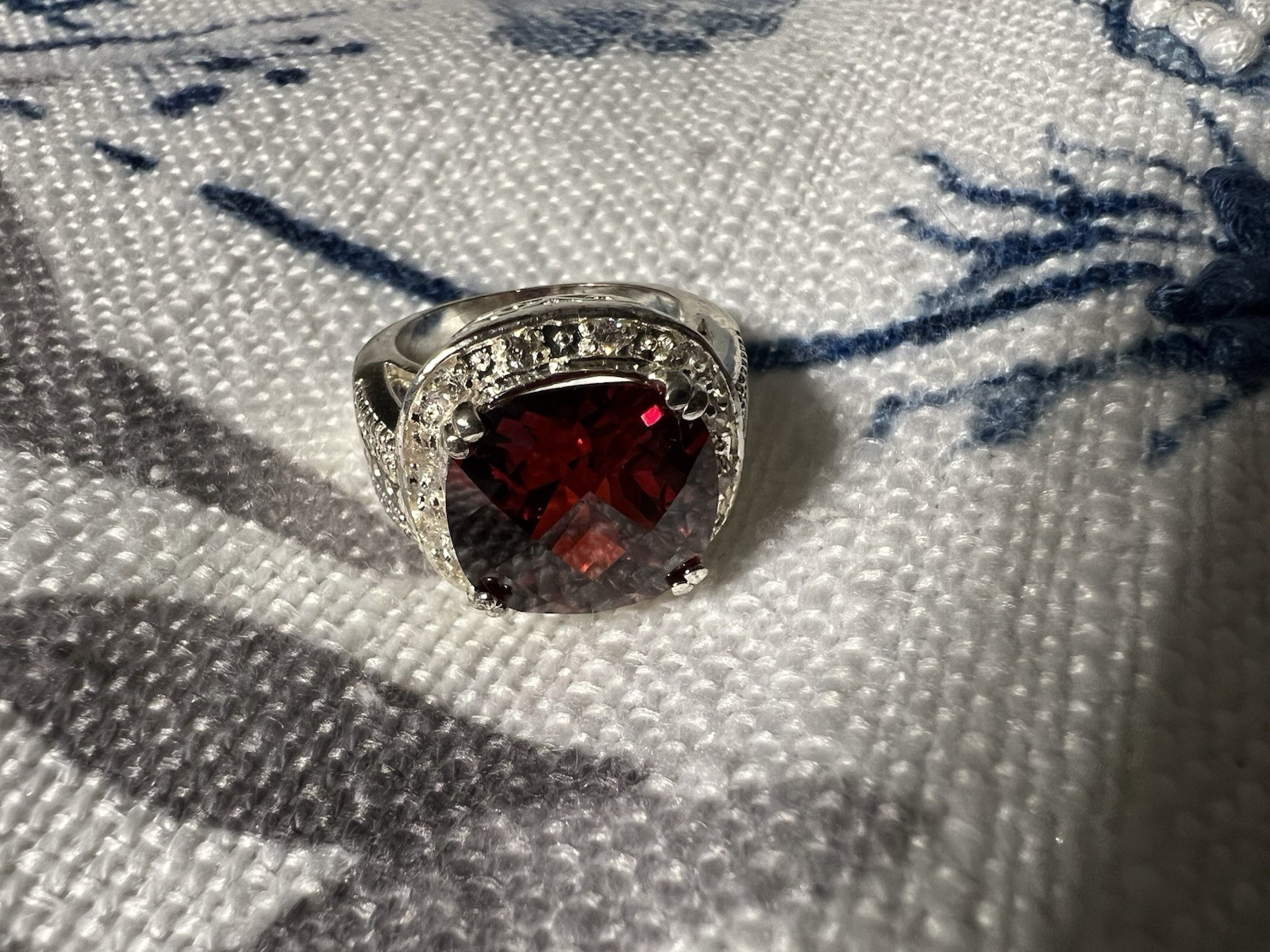 925 Sterling Silver Cocktail Ring Cushion-Cut Red Stone Prong Set Size 8.5