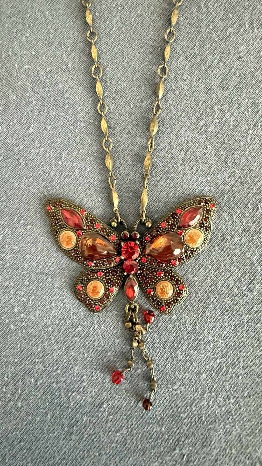 Wings Gold Tone Red Crystal Butterfly Charm Pendant Necklace Adjustable Signed