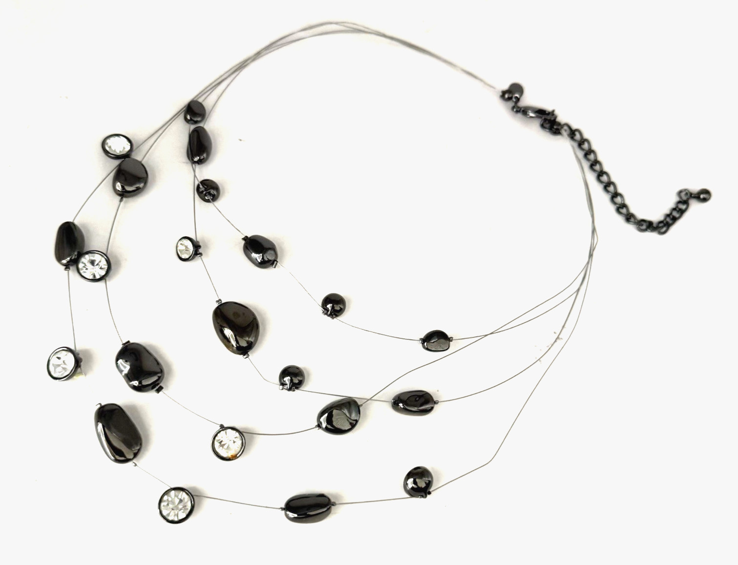 Chico’s Gunmetal Silver Tone 21″ Short Beaded Crystal Floating/Illusion Necklace