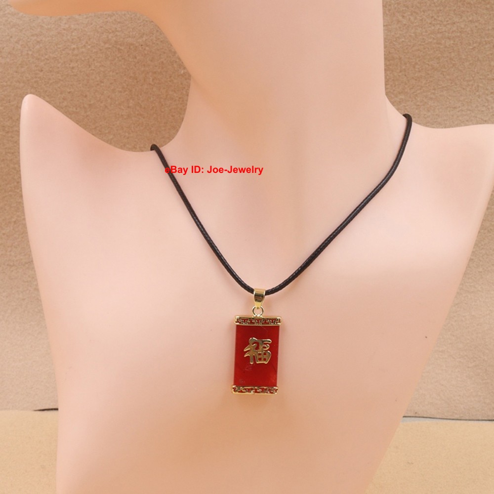 NEW Yellow GP Alloy Pendant with Heated Red Jade & Chinese “福” Lucky Fortune