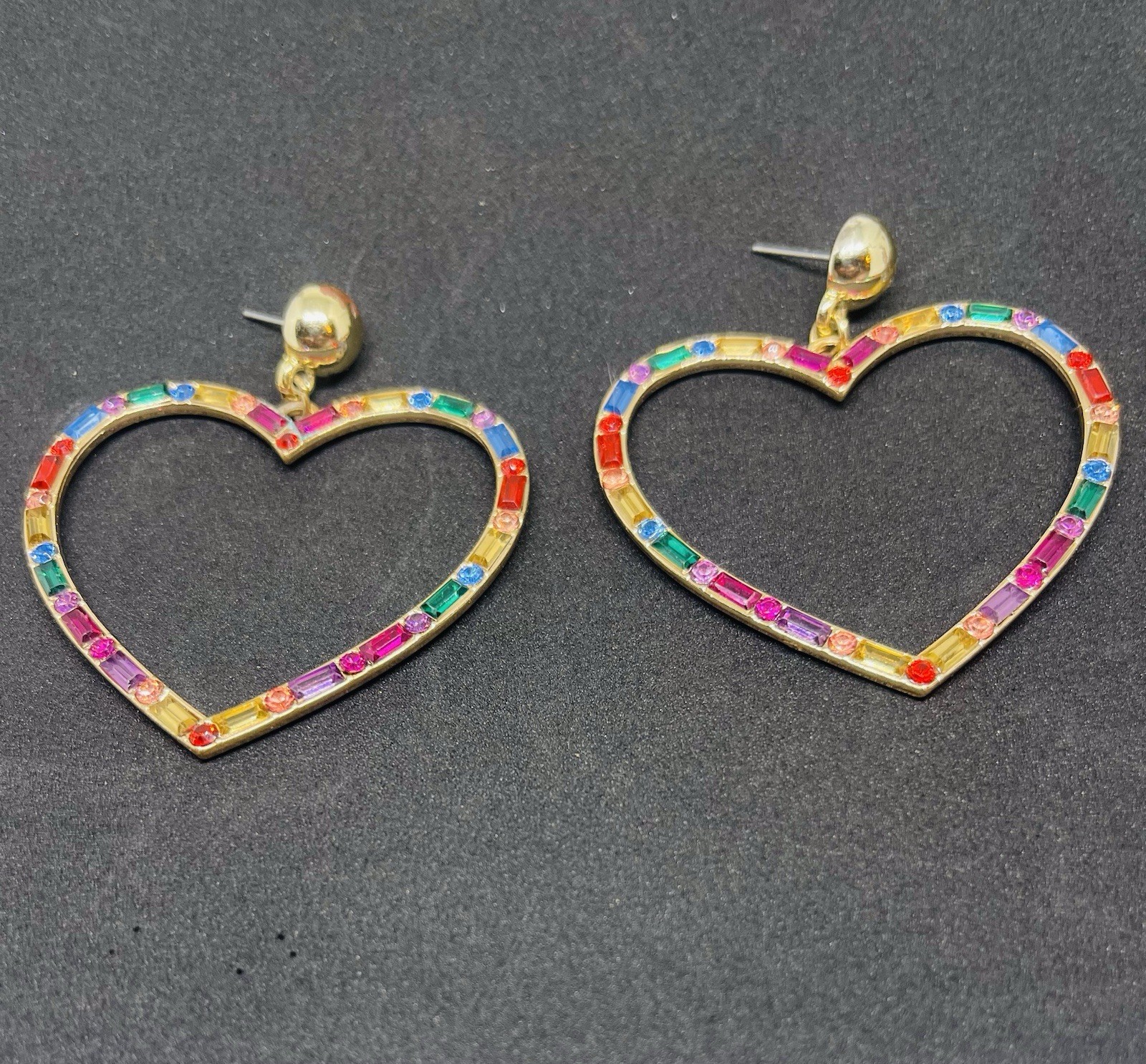 Aldo Gold Crystal Multicolor Rainbow Baguette Open Heart Dangle Drop Earrings