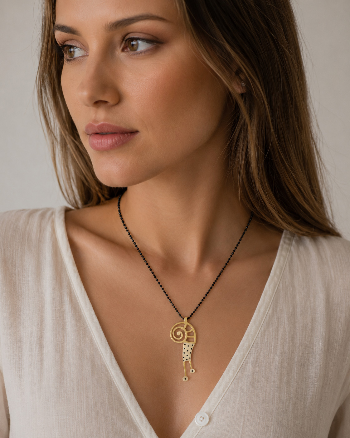Kiss The Frog Cat Spiral Pendant Necklace Gold Black Cord Greek Artisan