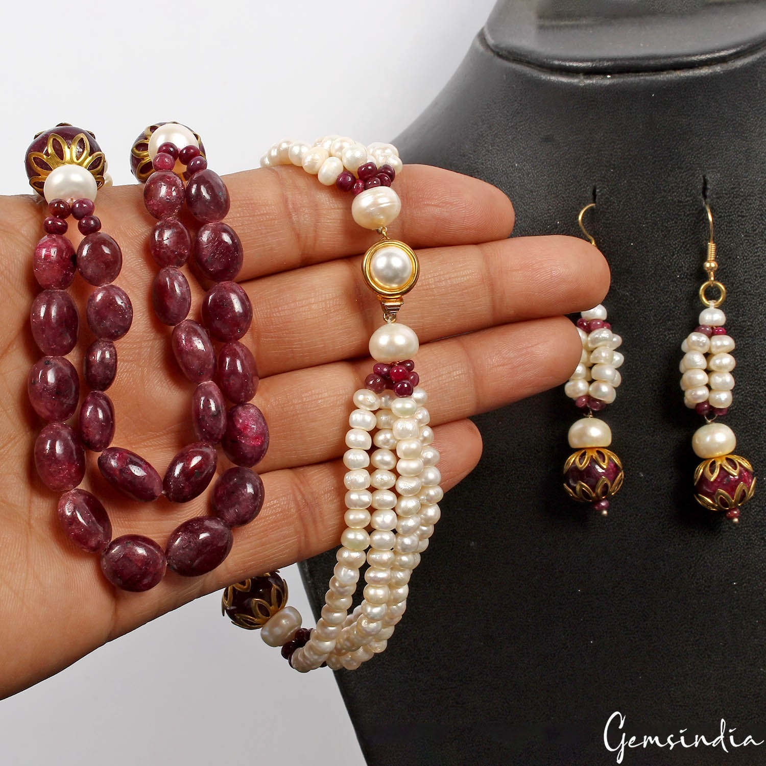 Handmade Natural Ruby Pearl Round Cabochon Gemstone Beaded Necklace Earrings~22″