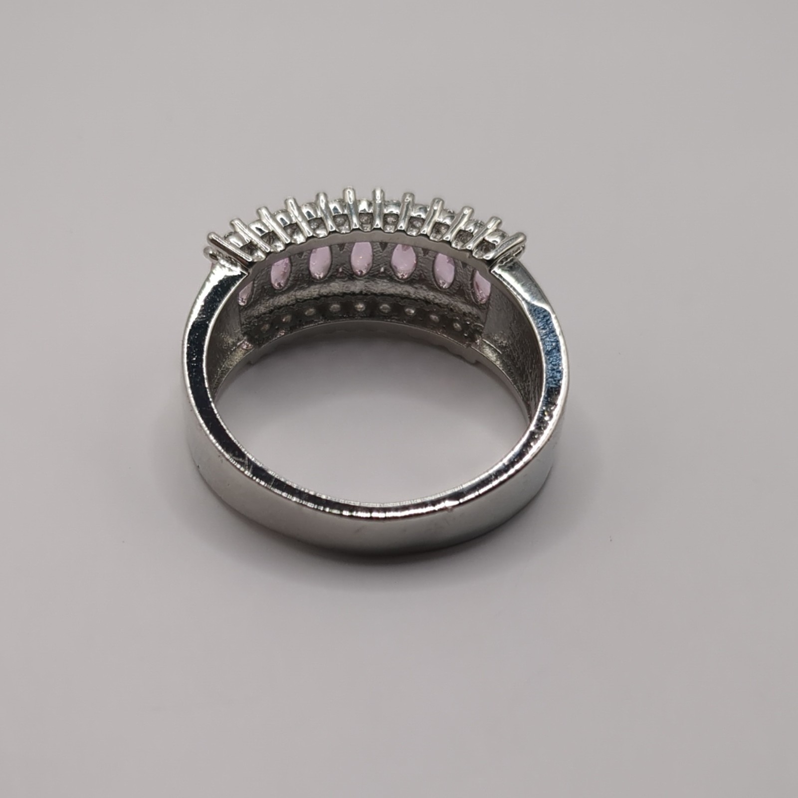 Silver Tone Band Ring Marquise Pink Stones Prong Set 10+ Gemstones