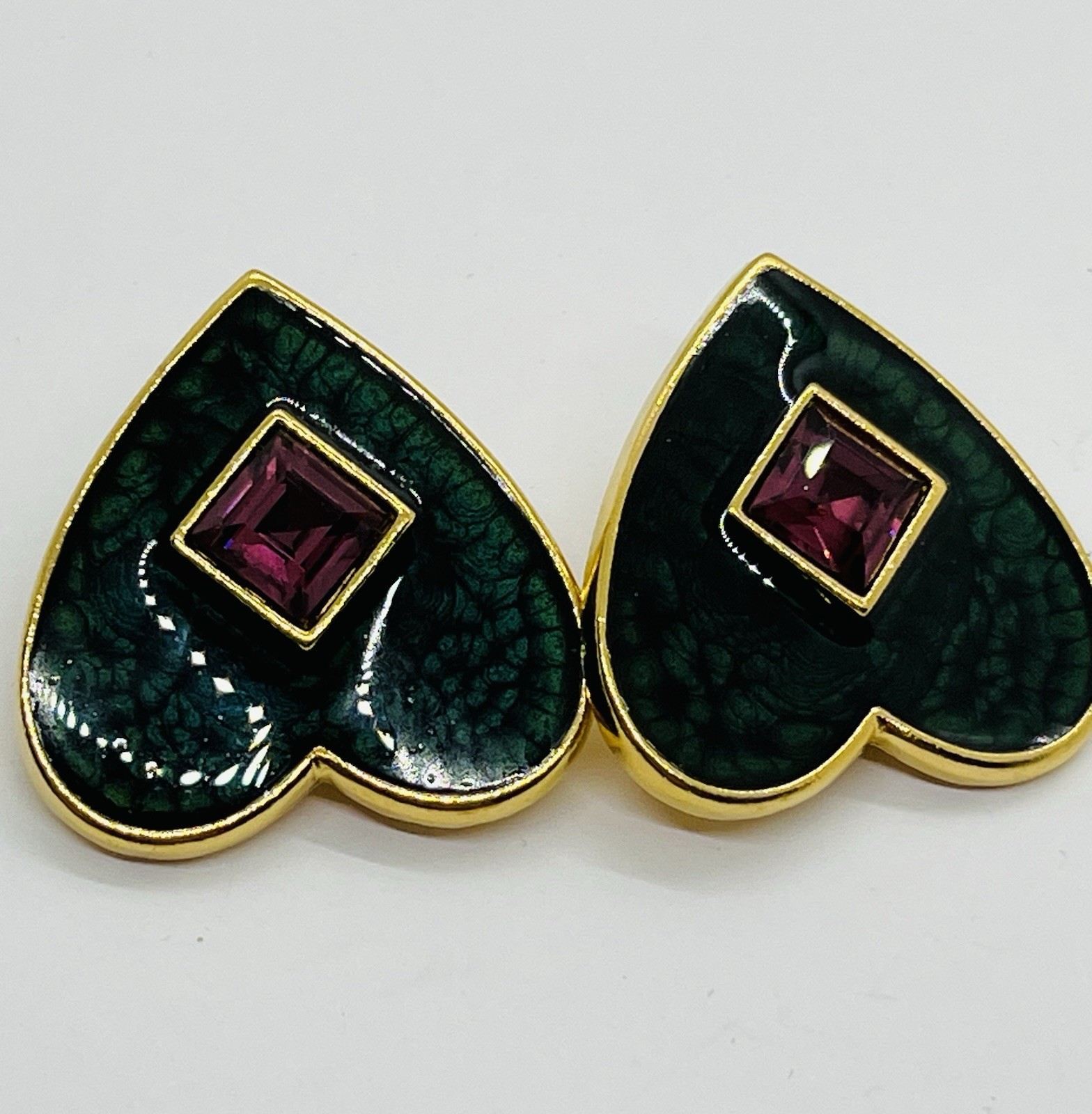 Yves Saint Laurent YSL Vintage Dark Green Heart Amethyst Diamond Clip, Earrings