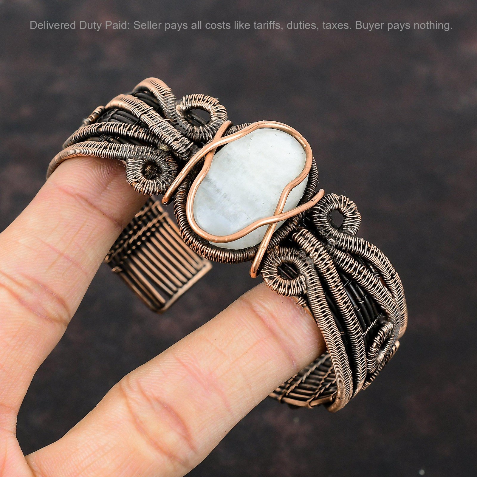 Black Friday Sale Copper Rainbow Moonstone Stone Wire Wrapped Wife Cuff Bracelet