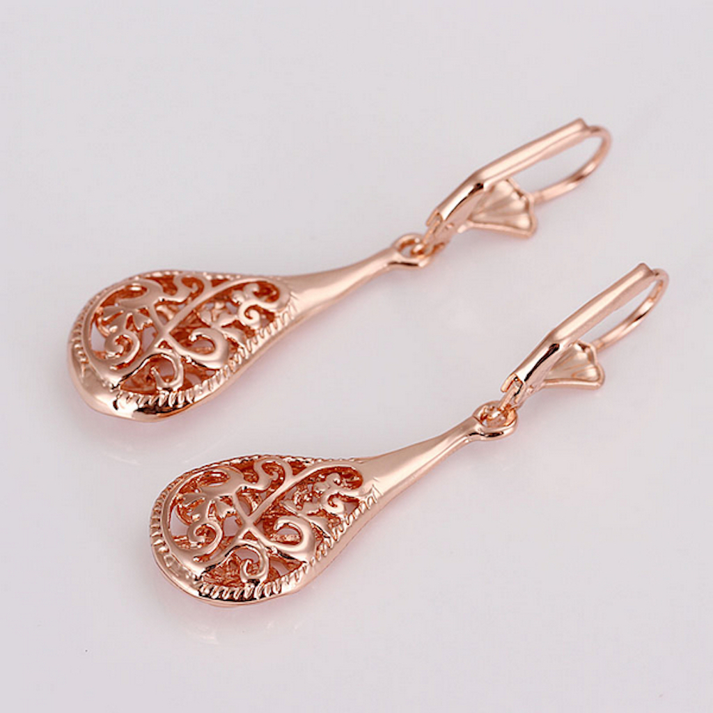 18K Rose Gold Filigree Teardrop Lever Back Drop Dangle Earrings L130