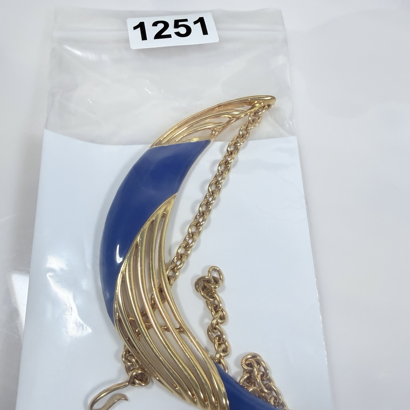 Vintage MONET Necklace Gold Tone Blue Enamel Geometric Collar Statement 17″