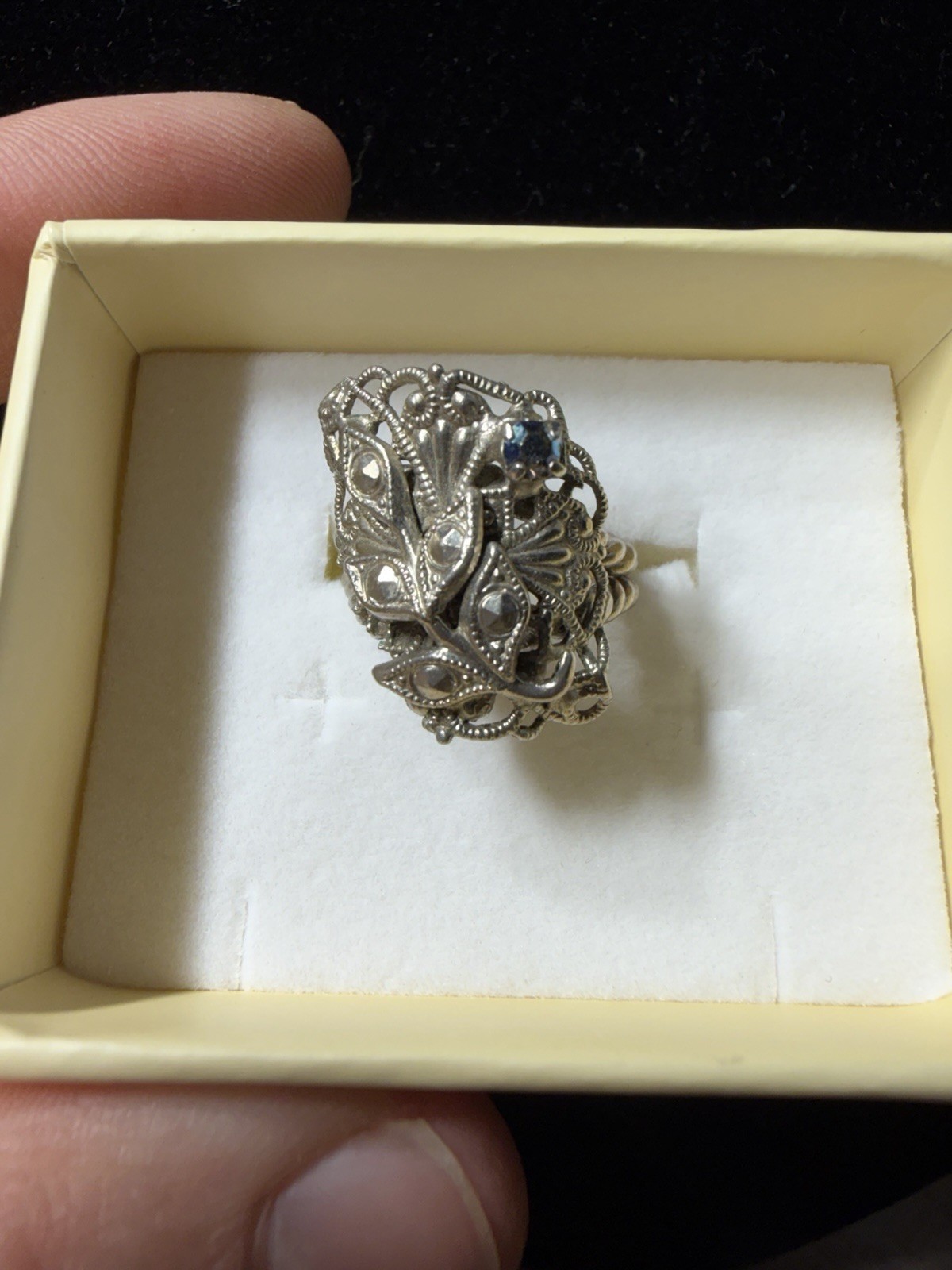 Vintage Adjustable Filigree Statement Ring Silver Tone AB Rhinestone Floral