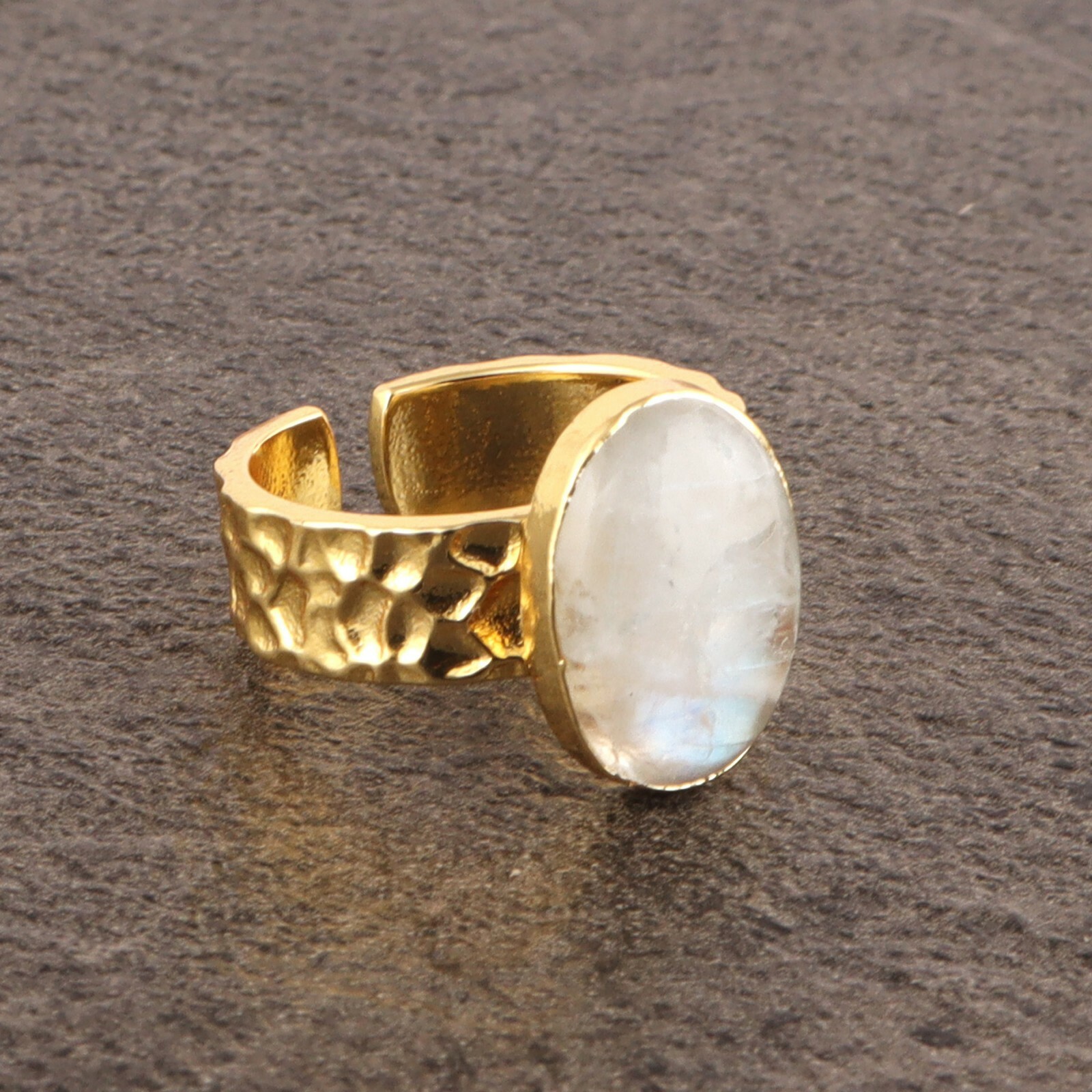 Good Quality Fire Moonstone Gold Plated Hammered Finish Band Adjustable Rings