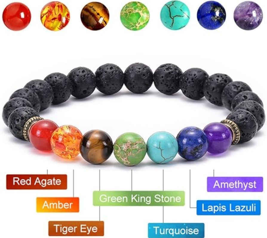 6x Lava Rock Stone 7 Chakra Bracelet Set Yin Yang Gemstone Elastic Healing Beads