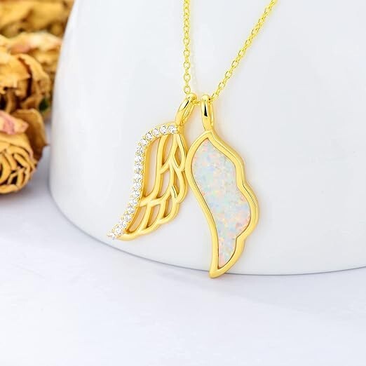 Opal Necklace Angel Wings Pendant Necklace Sterling Silver Jewelry Gifts