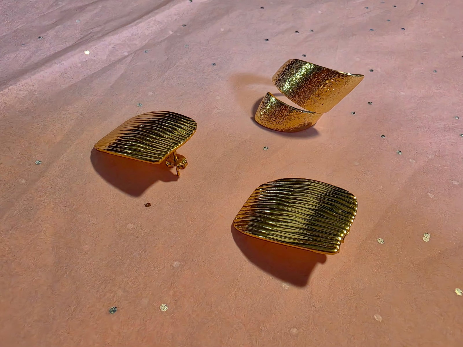 Gold Stainless Steel Textured Earrings and Ring Set.