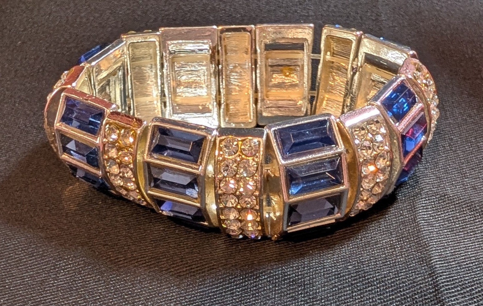 Silver Tone Stretch Bangle Bracelet Blue & Clear Crystal Baguette Round Stones