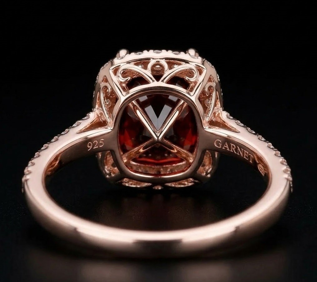 Cushion Garnet Halo Ring, Rose Gold Plated Sterling Silver, Dainty Red Gemstone