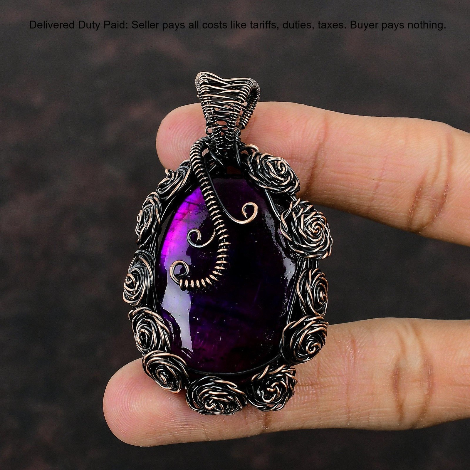 Pink Fire Labradorite Gemstone Flower And Wire Wrapped Pendant Jewelry Copper