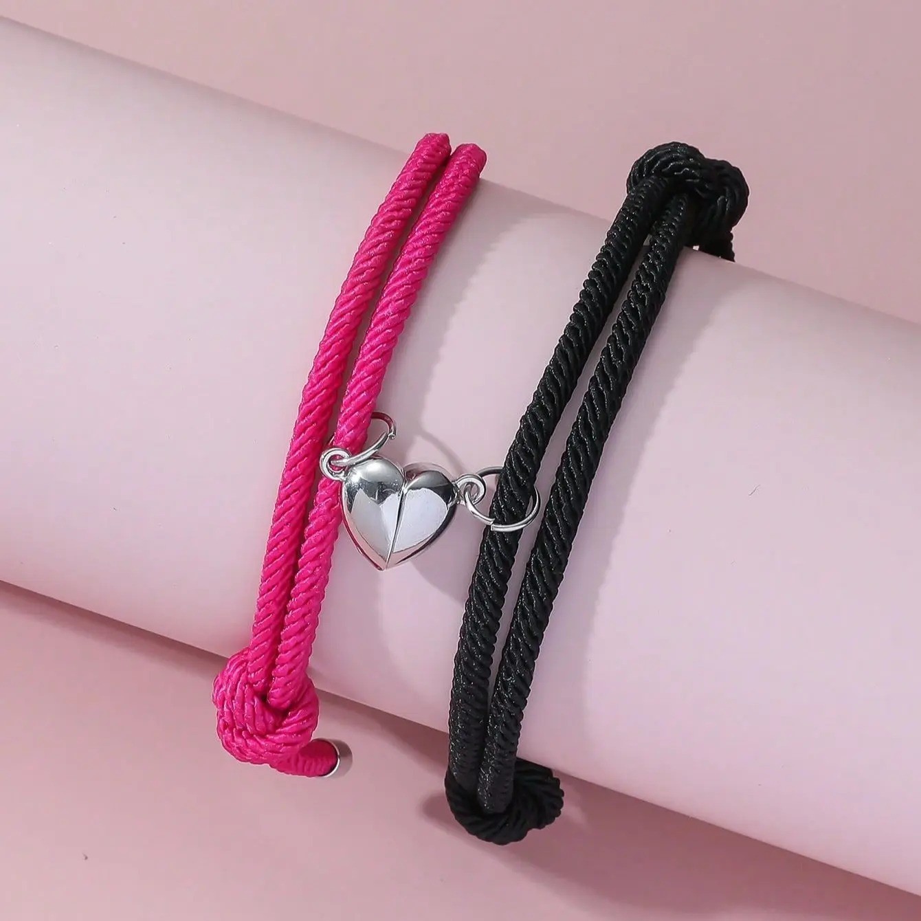 2Pcs Magnetic Couple Bracelet Black White Rope Heart Love Friendship Jewelry