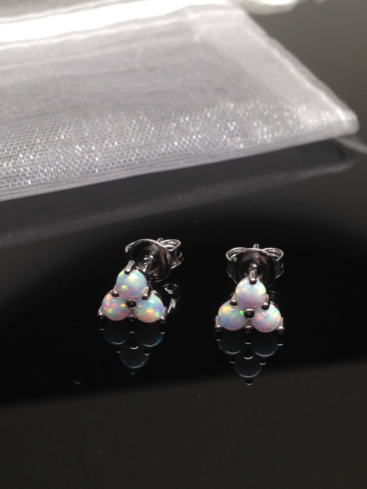 Three Stone White Opal Stud Earrings Sterling Silver 925 Tiny Studs 6mm