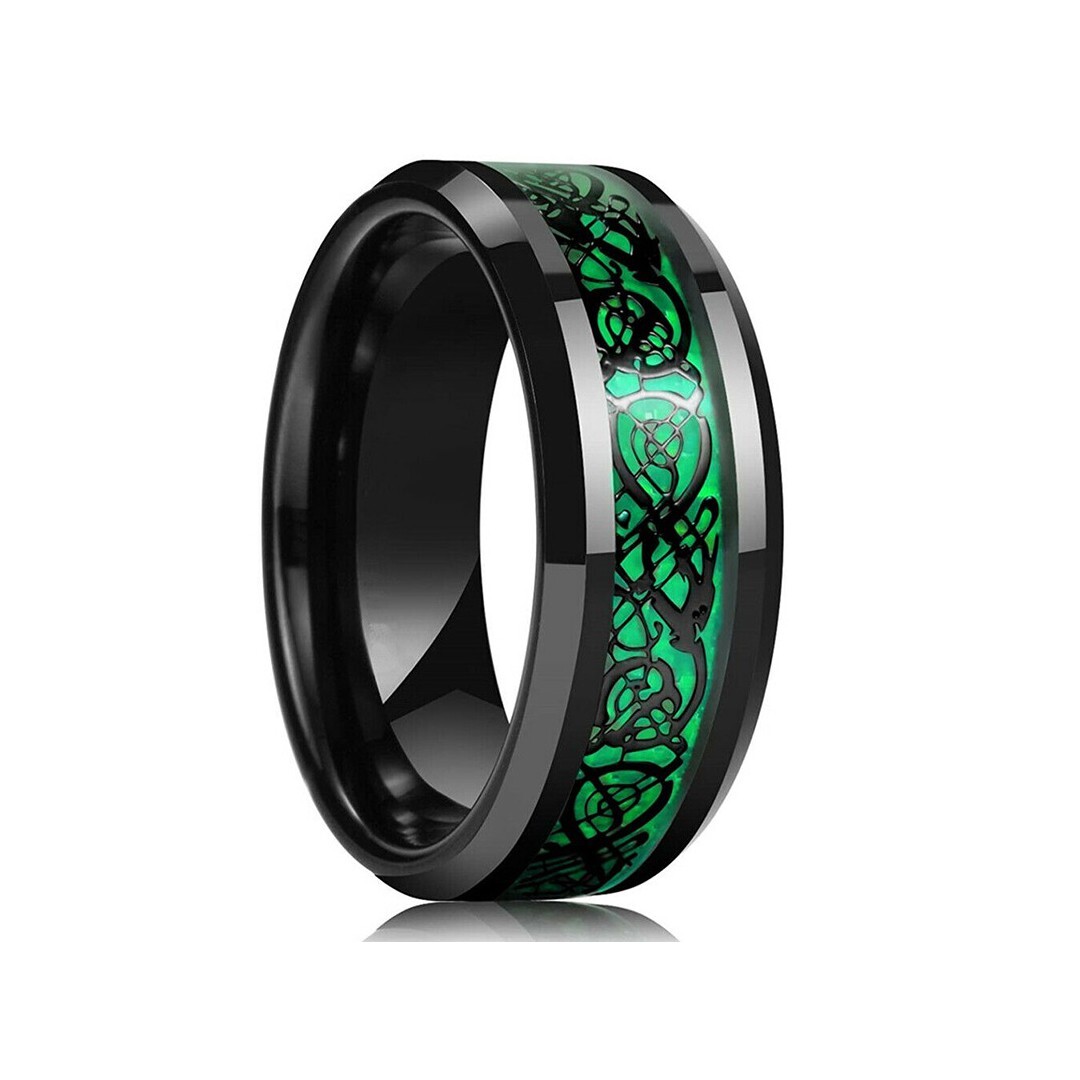 Fashion Black Stainless Steel Green Carbon Fibre Ring For Men