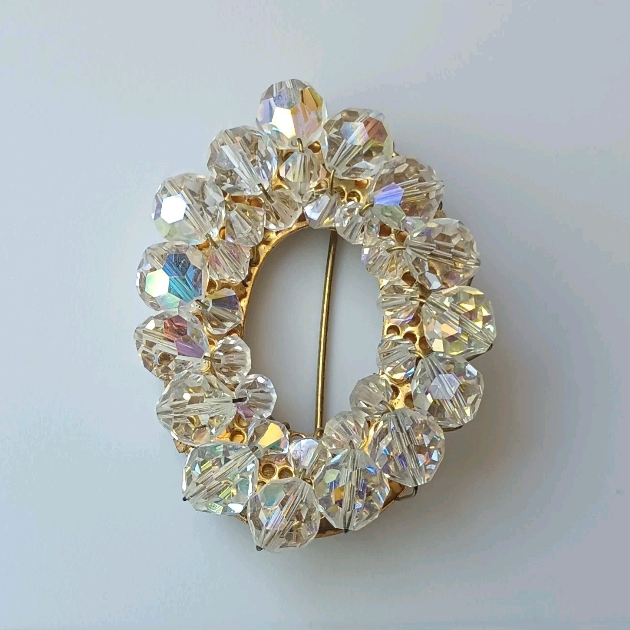 Gold Tone Oval Brooch Pin Clear Crystal Cluster Round Rhinestones