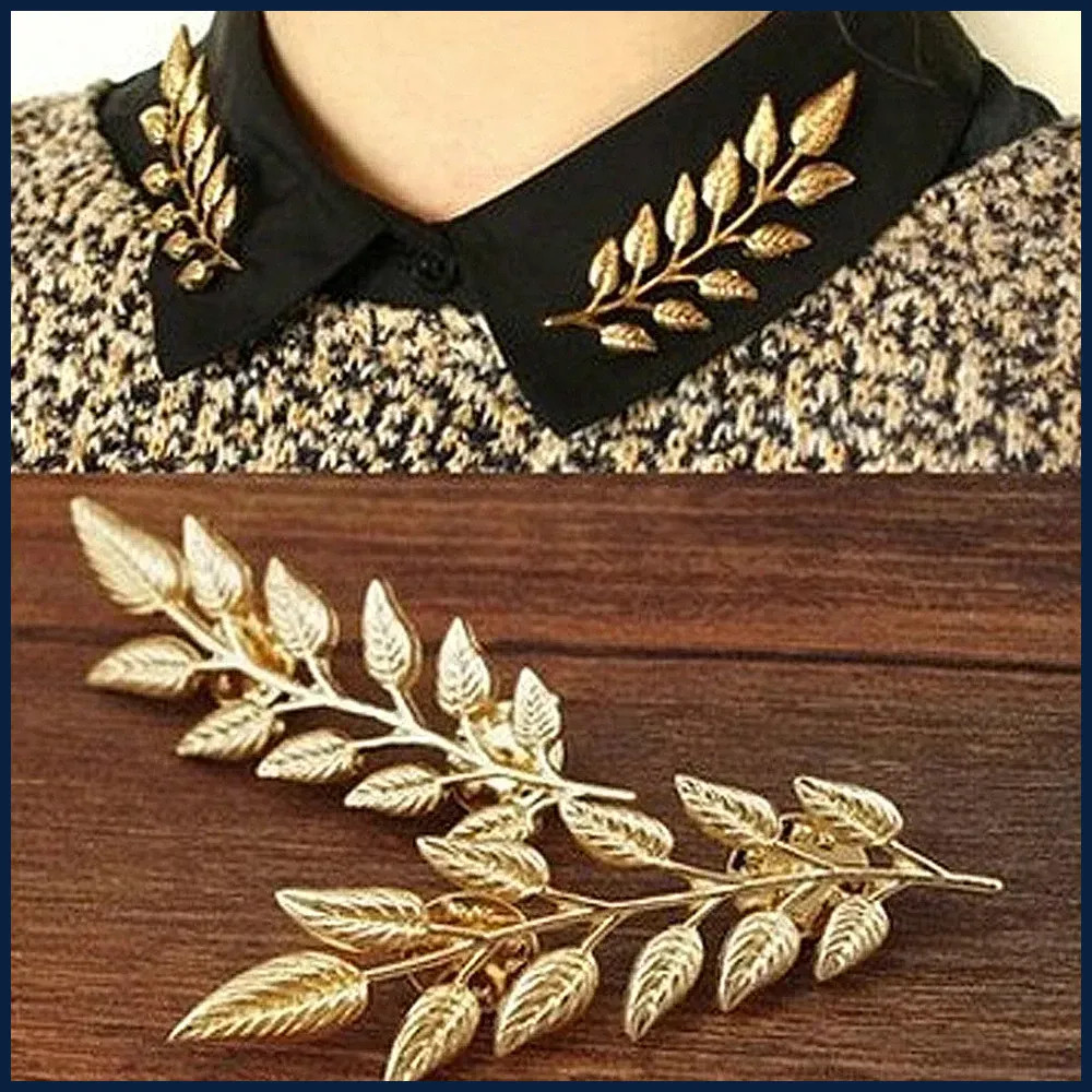 1 Pair Golden Alloy Tree Branch Shape Brooch for Women Men Suit Shirt Collar.