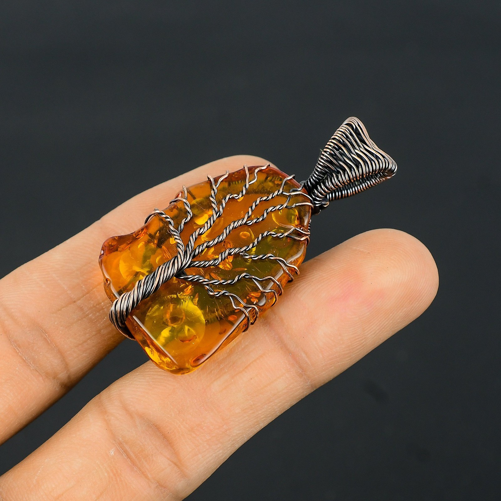 Baltic Amber Handmade Gemstones Copper Wire Wrap Tree of Life Jewelry Pendant